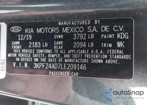 2020 Kia Forte Lxs from USA, damaged, VIN 3KPF24AD7LE209146